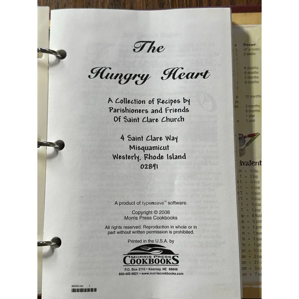 The‎ Hungry Heart Saint Clare Church Westerly Rhode Island Cookbook